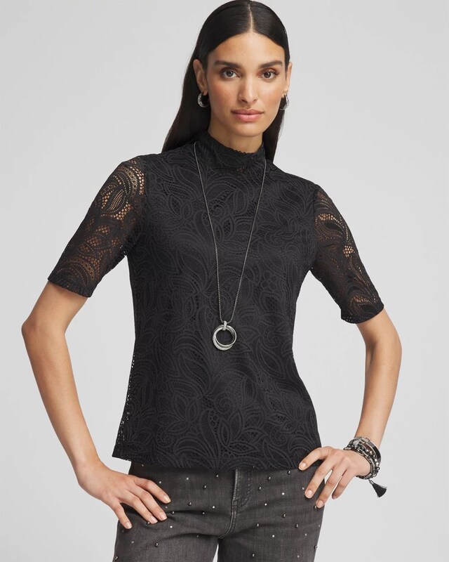 Lace Mock-Neck Short Sleeve Tee - image 1